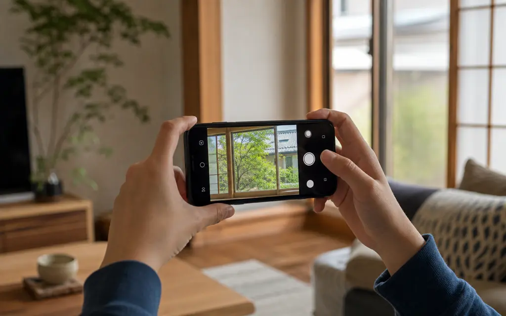 スマートフォンで窓の写真を撮影して送る様子