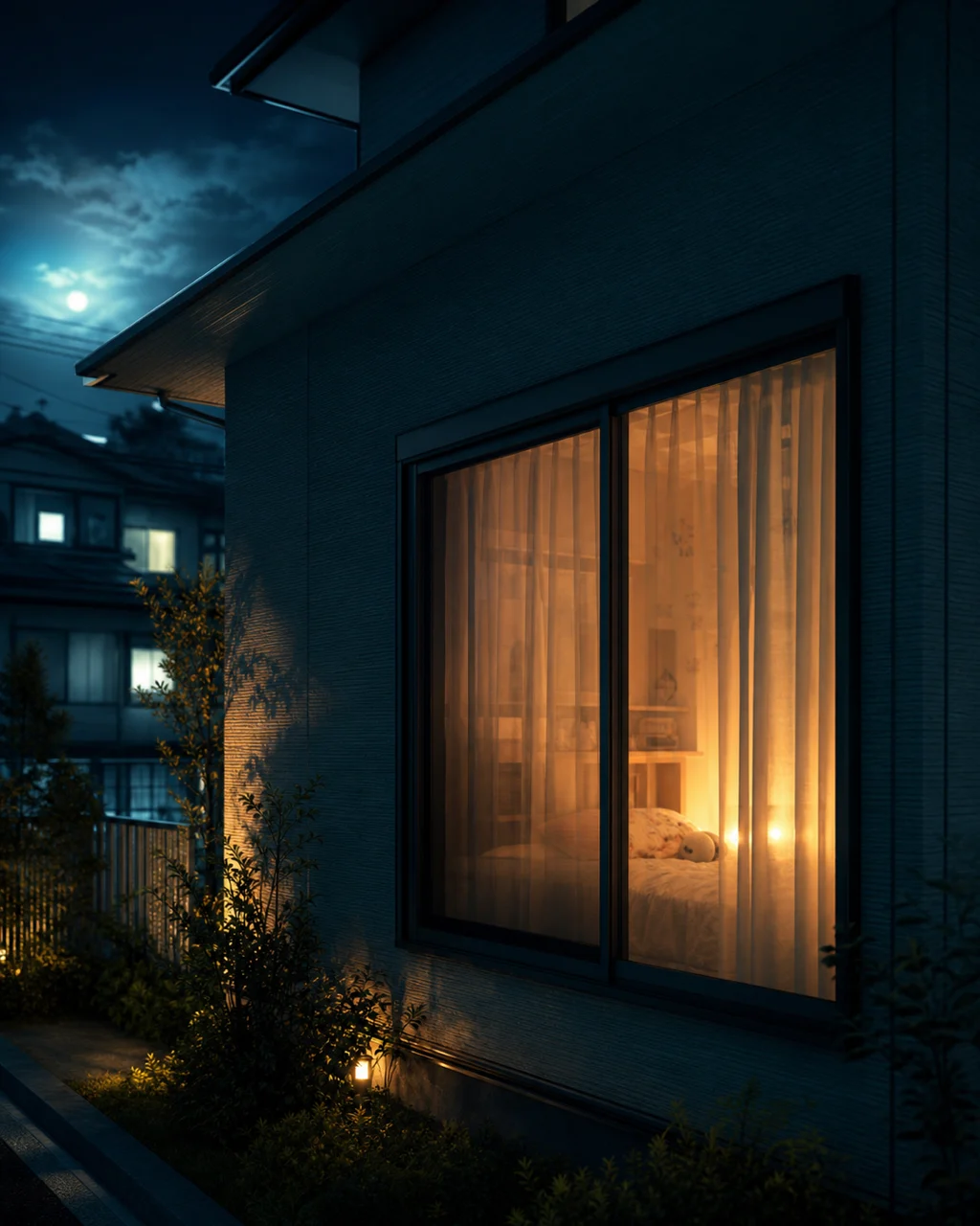 夜、家族が眠る住まいの窓辺。侵入や災害時のガラス飛散リスクを抱える窓ガラス